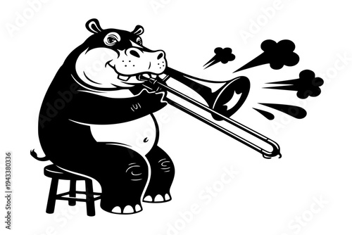 Funky Hippo Playing Trombone Brass Band Jazz Soul Music Party Animal Musician Black Vector Silhouette
