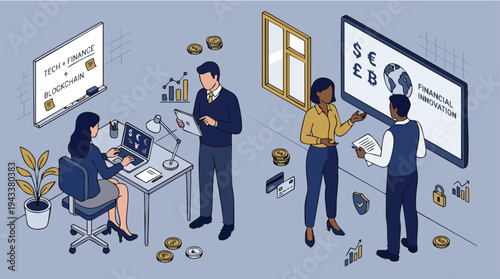 Team collaborating in modern office using technology and digital tools for financial analysis and business strategy planning