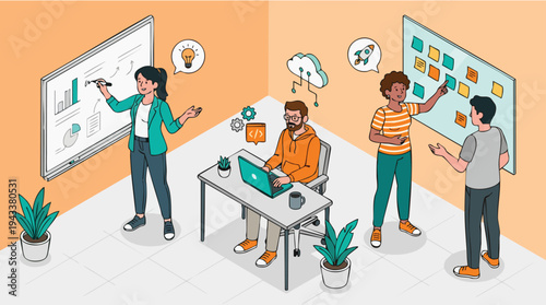 Team collaborates in a modern office with diverse tasks and brainstorming on digital and physical boards