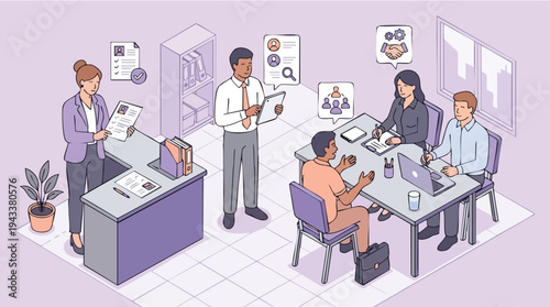 People in an office setting having a discussion around a table with documents and a laptop