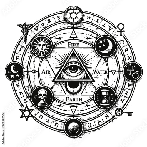 Intricate Alchemical & Occult Mandala featuring the All-Seeing Eye, Four Elements (Fire, Water, Air, Earth), Astrological Symbols (Sun, Moon, Caduceus), Hourglass, Skull, & ancient runic script, rende
