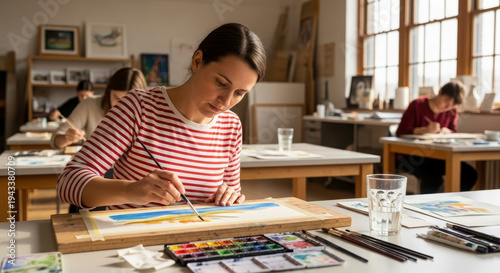 Wallpaper Mural a woman sitting at a table in a classroom setting drawing with colored pencils on paper adult learni Torontodigital.ca