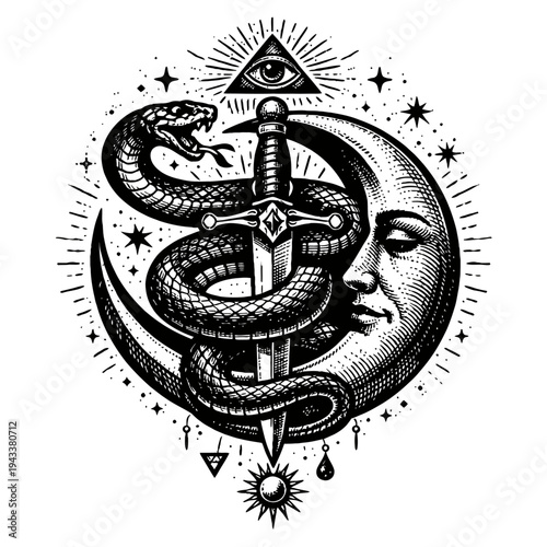 Mystical Esoteric Engraving: Crescent Moon with Human Face, Serpent Coiled Around a Sword, Crowned by All-Seeing Eye Pyramid. Black & White Celestial Art with Stars & Sun, embodying Ancient Wisdom, Oc
