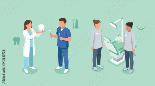 Dentist explaining dental procedure to assistant while another dentist consults patient at dental clinic