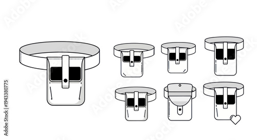 Line art illustration set of modern belt bags or waist packs.