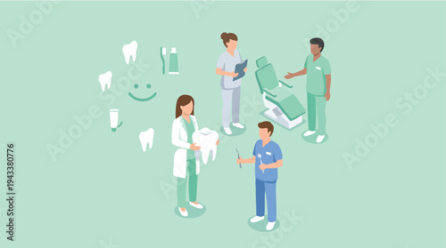 Dental team discussing patient care while standing near a dental chair in a professional setting