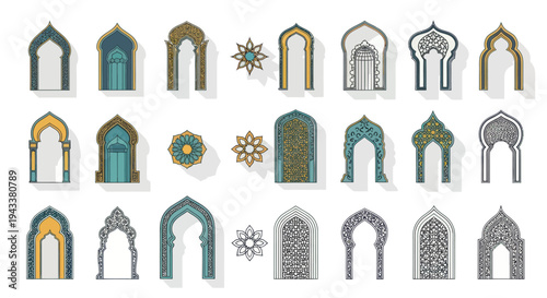 Collection of Decorative Islamic Arches and Floral Ornaments in Various Styles.