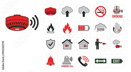 A collection of flat vector icons for fire safety and emergency alarm systems including smoke detectors.