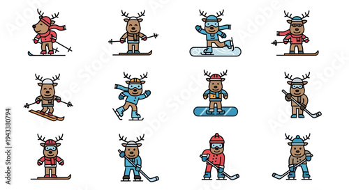 Set of cute cartoon reindeer characters enjoying winter sports like skiing snowboarding and hockey.
