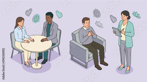 Illustration of people in a counseling session with a therapist and various client interactions
