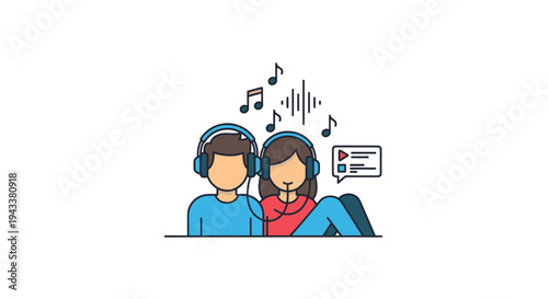 Two people wearing headphones enjoying music together.