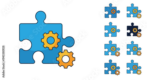 A set of blue puzzle piece icons with golden gears representing software plugins extensions and configuration settings.