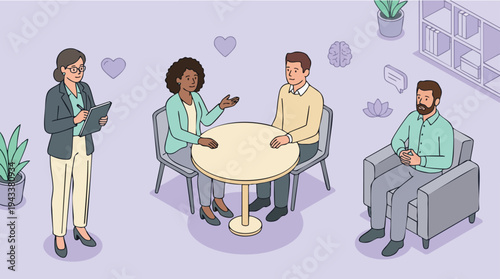 Illustration of diverse group having a friendly discussion around a table with hearts in background, showing positive interaction