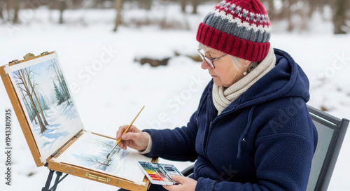 Wallpaper Mural An elderly woman paints a winter landscape on an easel outside senior citizen winter scene outdoor p Torontodigital.ca