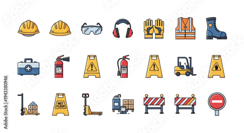 Set of colorful safety and construction icons including PPE warning signs and industrial equipment.