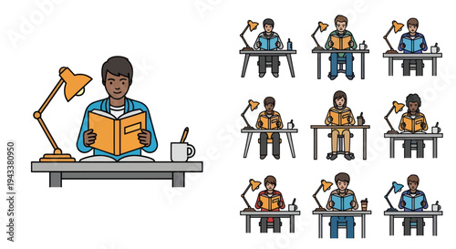 Diverse individuals engaged in reading and studying at desks with lamps.