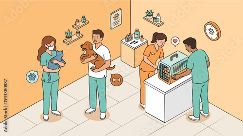 Veterinary staff caring for cats and dogs in a clinic setting while discussing health and providing gentle attention
