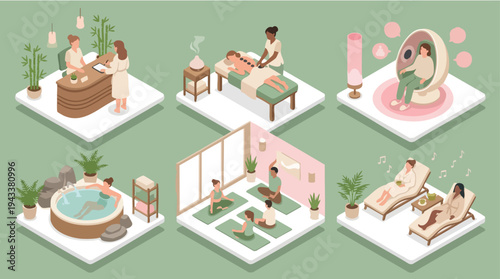 Illustration of people enjoying various spa activities like massage, yoga, and relaxation in a serene environment