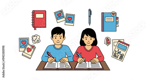 Two children diligently writing at a desk surrounded by school supplies and photos.