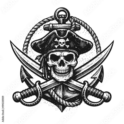 Vintage Engraved Pirate Skull Emblem: Swashbuckling Captain's Head in Tricorn Hat with Skull & Crossbones, Crossed Cutlasses, Nautical Anchor & Rope Frame. Classic Black & White Sea Adventure Art, Per
