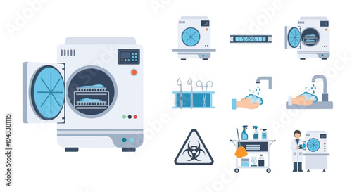 White Laboratory Autoclave with Open Door and Contents.