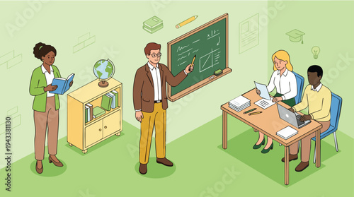 Team collaborating in modern office with one presenting at chalkboard and others working at a table