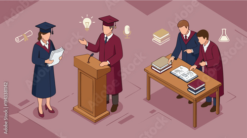 Graduation ceremony with speaker at podium and students studying with books at table