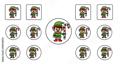 Cute cartoon Christmas elf character holding a striped candy cane.