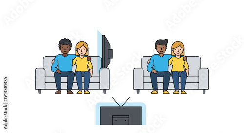 Cartoon Couple Watching Television Together on Sofa.