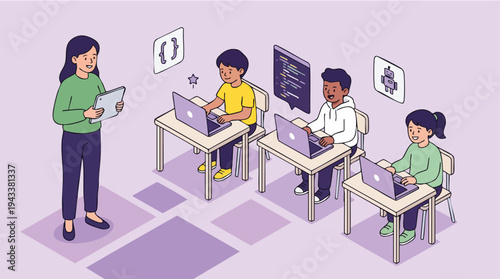 Teacher supervising students coding on laptops in a classroom setting with digital interface elements