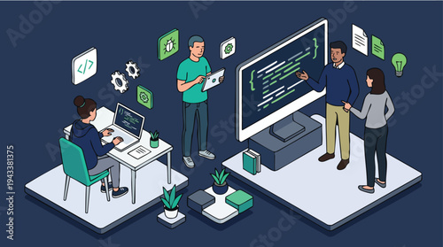 Team collaborates on coding project in a modern office setting with digital tools and a large screen