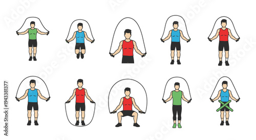 Diverse Male Figures Engaged in Various Jump Rope Exercises.