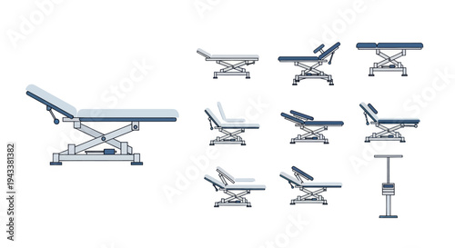 A set of illustrations showing an adjustable medical examination table in various positions and angles.