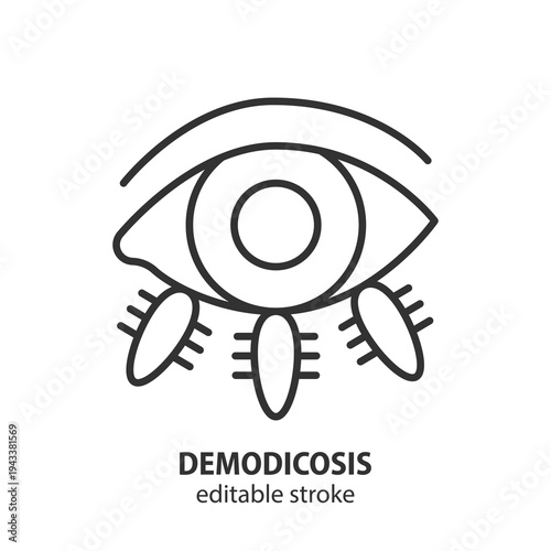 Demodicosis eye line icon showing mite infestation on eyelashes. Medical vector illustration of ocular demodicosis symptom. Editable stroke.