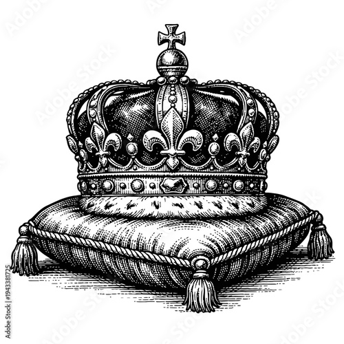 Vintage black and white engraving of a royal crown on a velvet cushion. It features intricate details like fleurs-de-lis, a cross, and tassels, embodying monarchy, imperial power, and historical grand