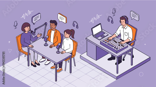 People recording a podcast with audio technician managing sound and equipment in a radio studio setup