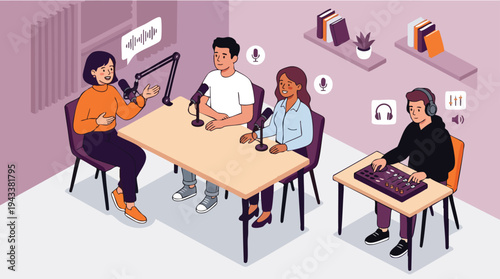 Diverse group of people recording a podcast in a modern studio setting with microphones