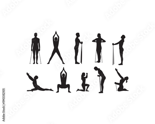 Collection of black human silhouettes engaged in diverse yoga and stretching poses with some holding canes on a white background