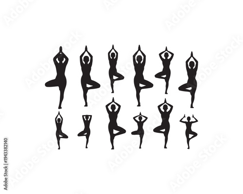 Collection of black silhouette figures performing various yoga tree poses against a clean white background for fitness and