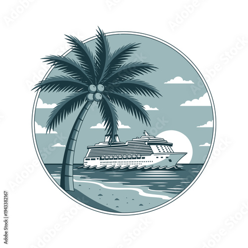 Cruise ship sailing near tropical island with palm tree and sunset