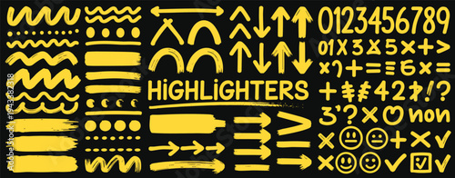 Yellow Highlighter Markings Arrows Numbers Symbols and Faces on Black Background