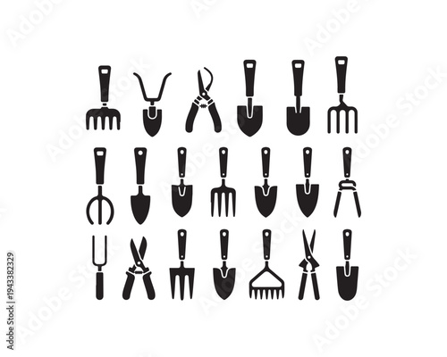 Comprehensive Set of Black Silhouette for Gardening Tools Including Forks Shovels Trowels Pruners and Rakes on a White Background