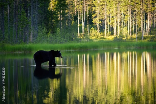 Black Bear Hunting Fish in Calm Lake Surrounded by Lush Forest