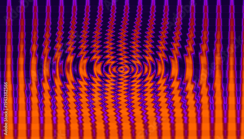 A high-energy abstract background featuring a psychedelic ripple effect with wavy vertical lines in vibrant orange and deep purple. The digital distortion creates a dynamic sense of movement and depth