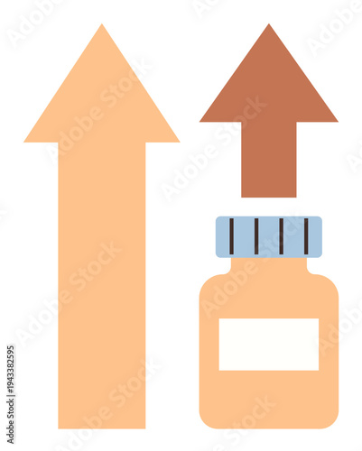 Business growth, healthcare improvement, progress tracking, medical solutions, success metrics, innovation. Medicine bottle with upward arrows. Healthcare improvement and business growth concept