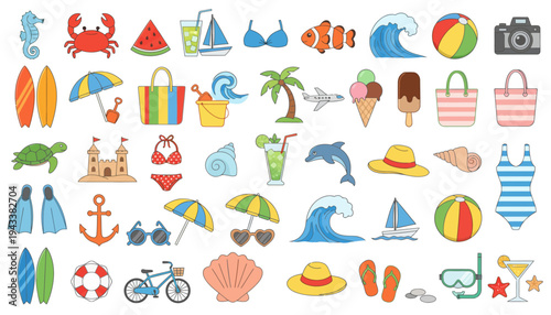 Vibrant summer icons showcase various beach objects and activities on a white background with jg ai reference