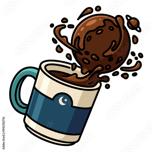 Manual Traced - Zero Gravity Floating Coffee Mug with Planet Drops Vector.