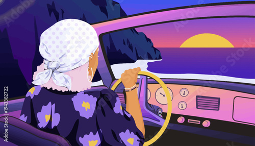 Woman driving car watching sunset over ocean road trip scenery