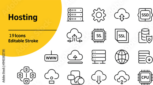Hosting icons collection with server, cloud, network, and data storage symbolsHosting icons collection with server, cloud, network, and data storage symbols