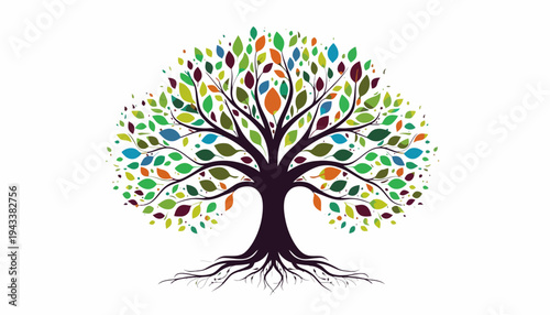 Vibrant tree with colorful leaves and roots grows in nature freely outdoors